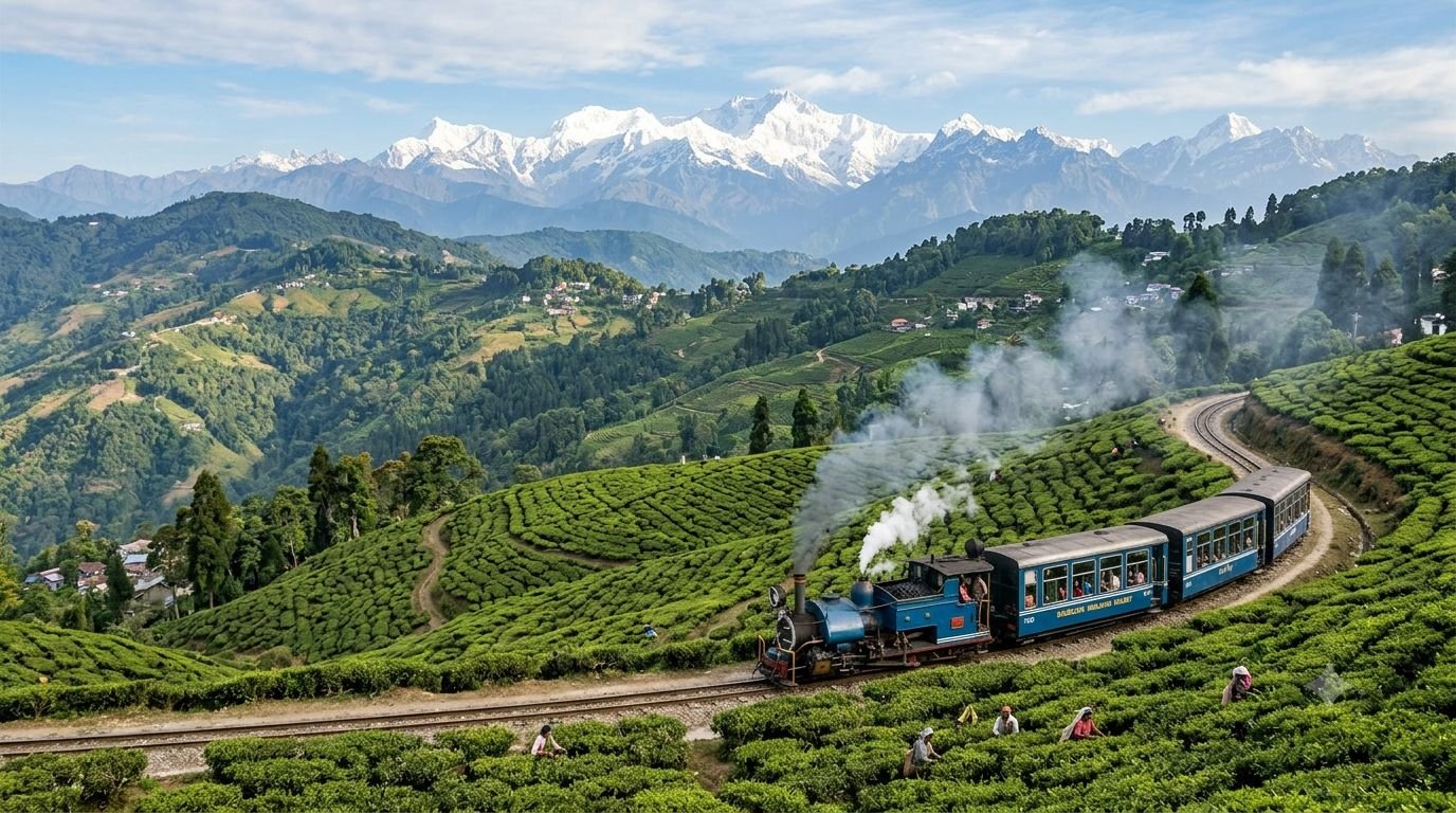 The Darjeeling Himalayan Railway toy train winding through tea hills below Kanchenjunga