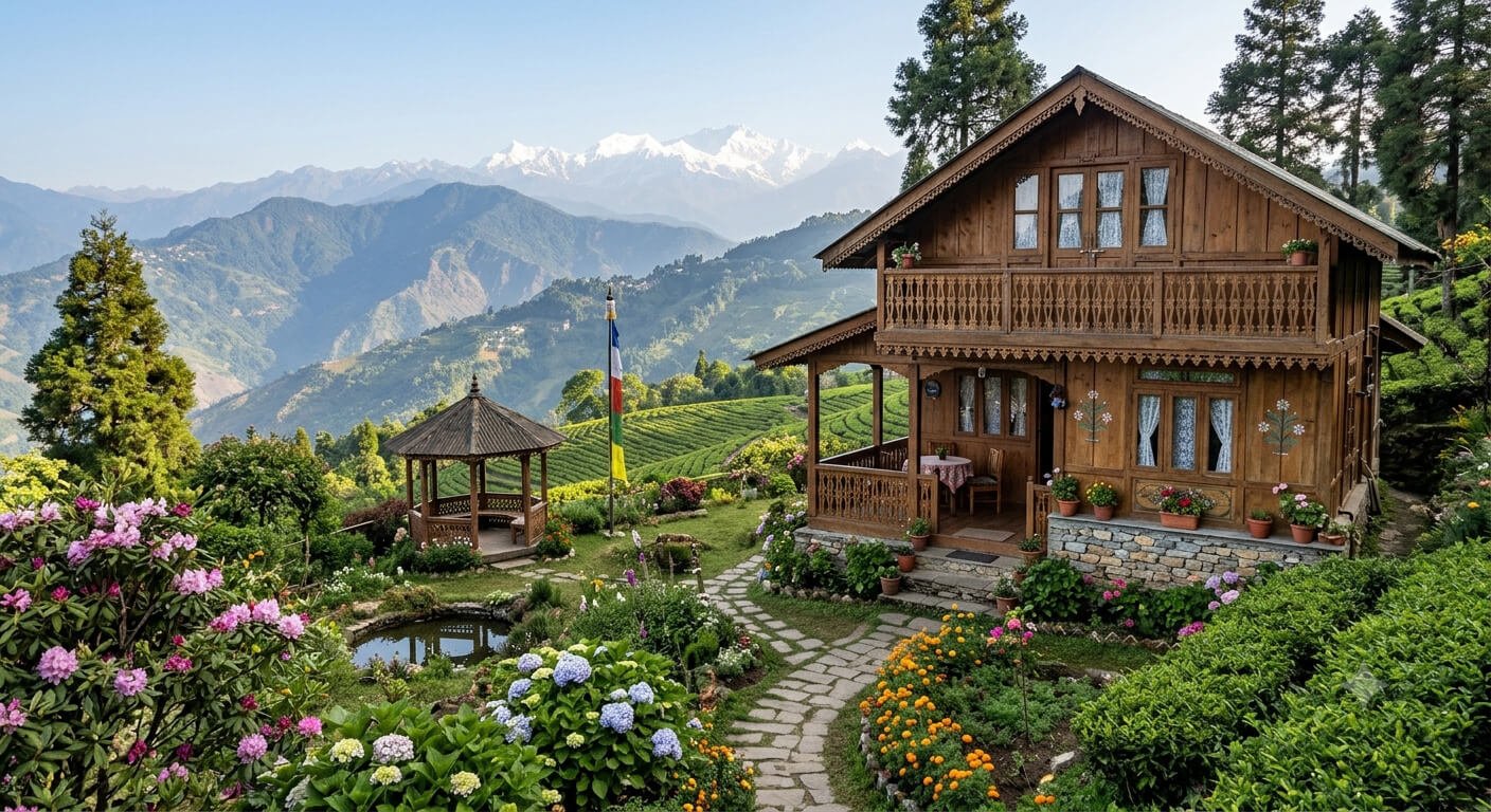 A traditional wooden home stay with a garden and mountain views