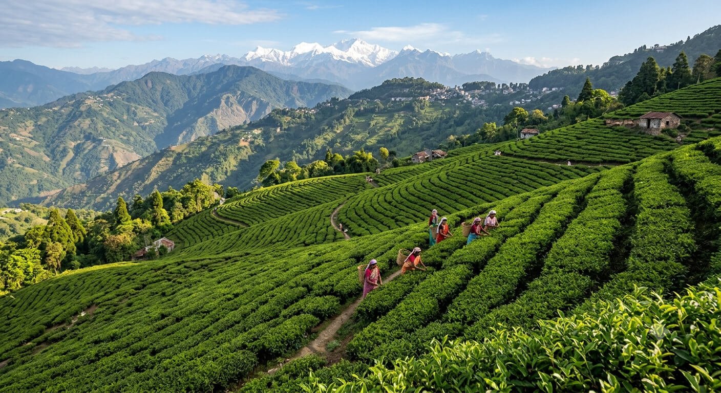 Green tea estates on the slopes around Darjeeling